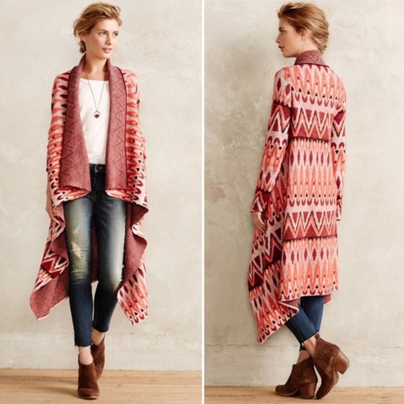 Anthropologie Sweaters - Anthropologie Sleeping On Snow Red Wool Long Open Front Waterfall Cardigan XS